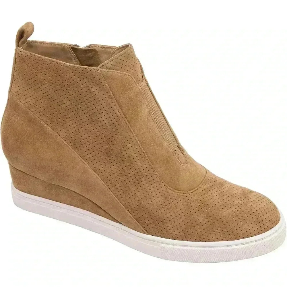 Linea Paolo - Anna - Low Heel Designer Platform Wedge Sneaker- Tan Suede SZ 7.5